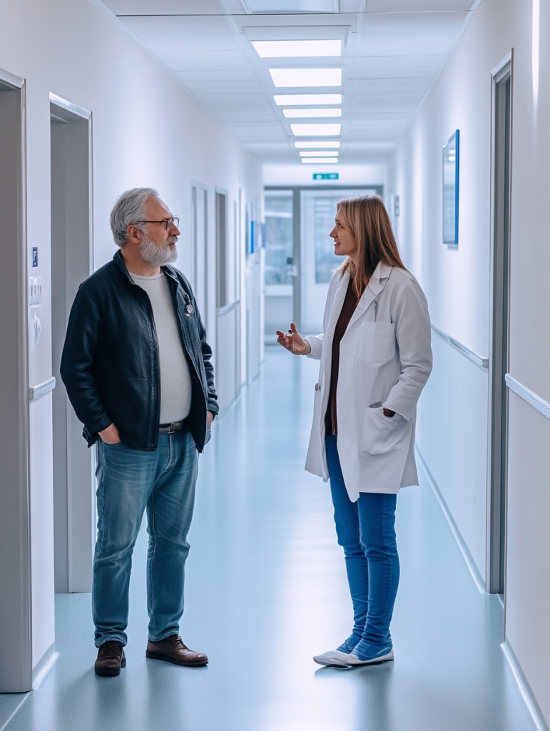 A female doctor in a white coat stands in a hospital corridor, talking to an elderly parent of a patient who is smiling.